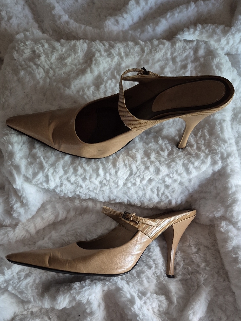 🎈Nine West Beige Leather Pointed-Toe Slingback Mules